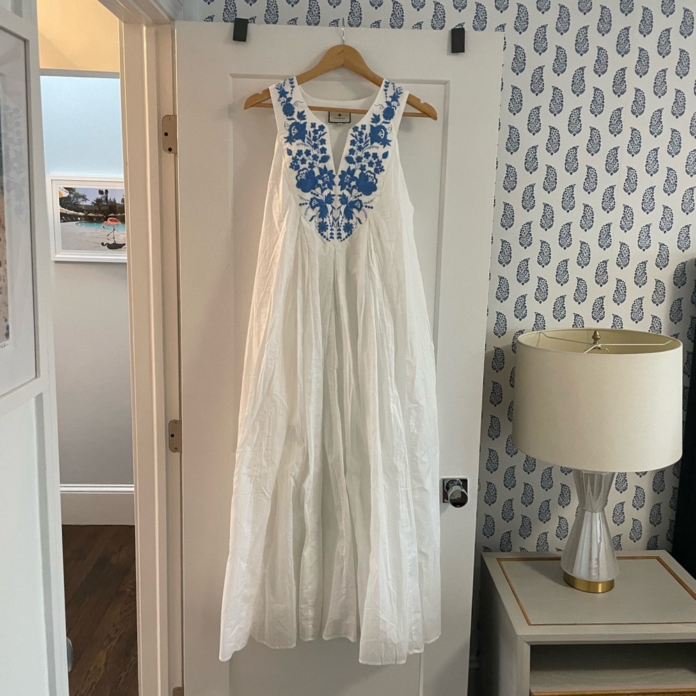 Tuckernuck: White sundress with blue embroidery